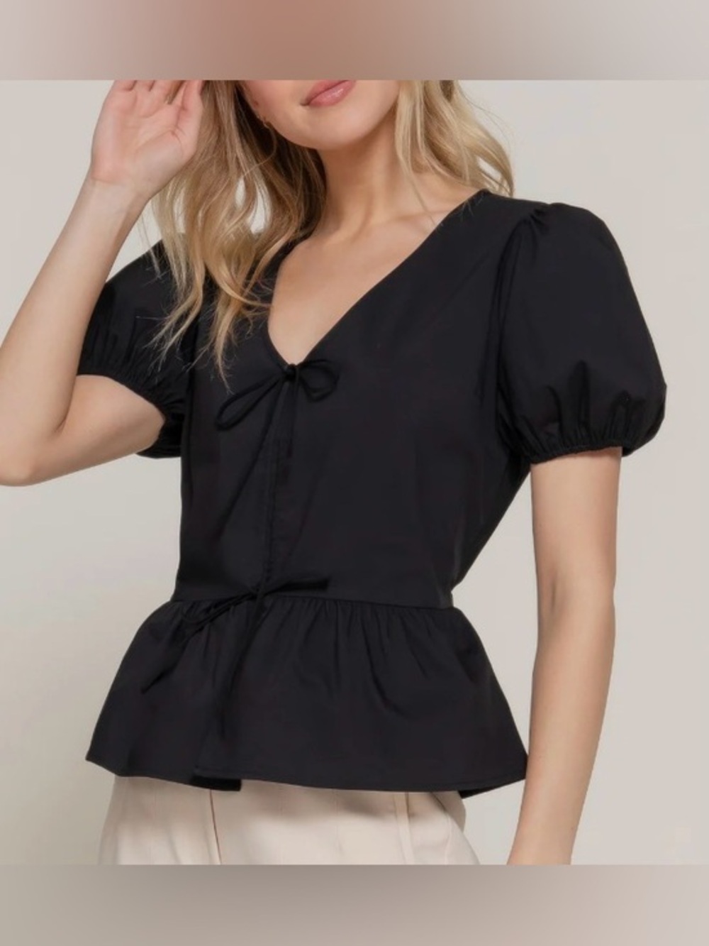 Black Puff Sleeve Front Tie Closure Poplin Top: Size Large